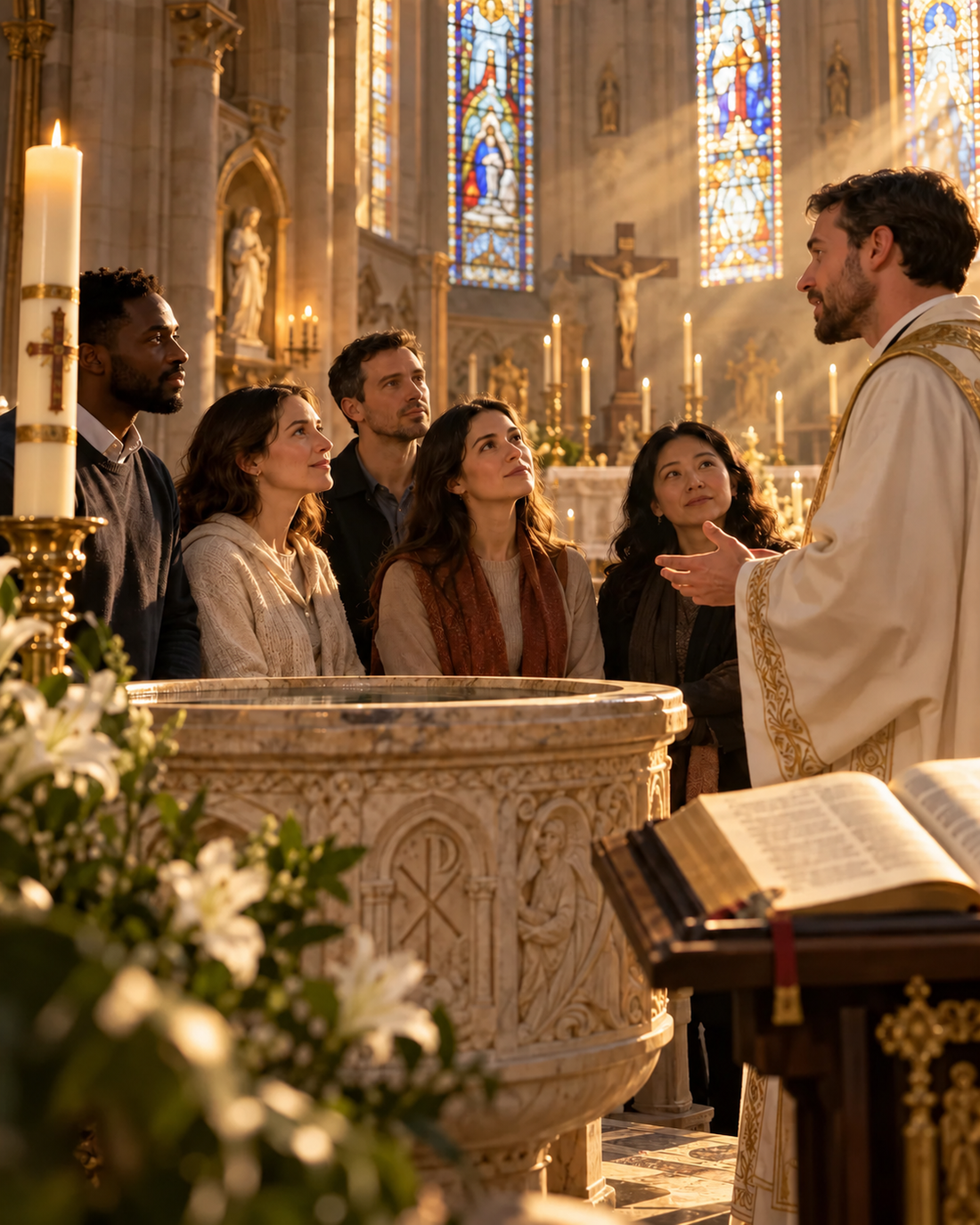 Des adultes et un prêtre réunis près des fonts baptismaux dans une église éclairée par des cierges.