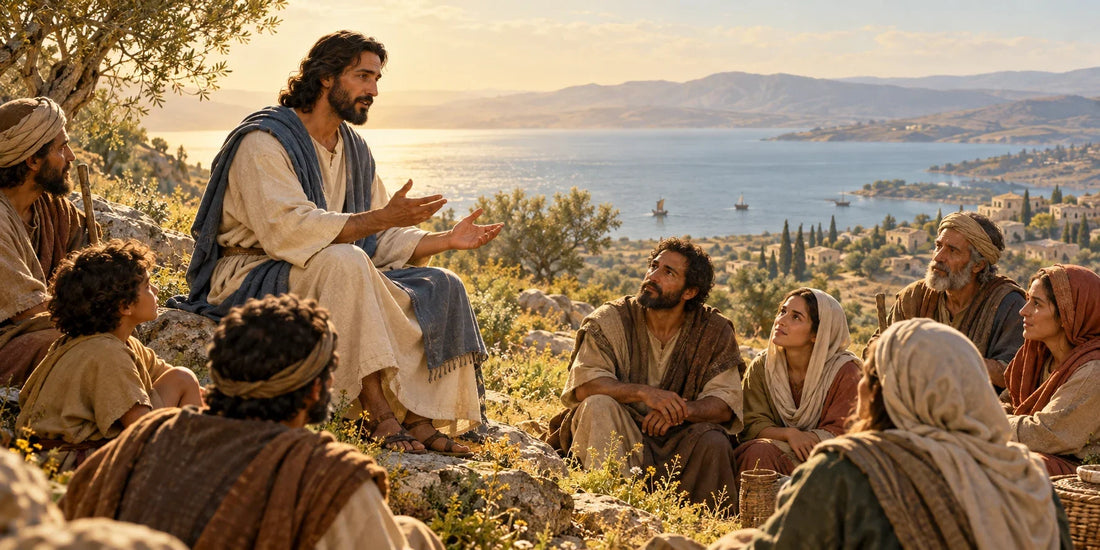 Évocation de Jésus enseignant à des disciples sur une colline au-dessus du lac de Galilée, dans une lumière dorée.
