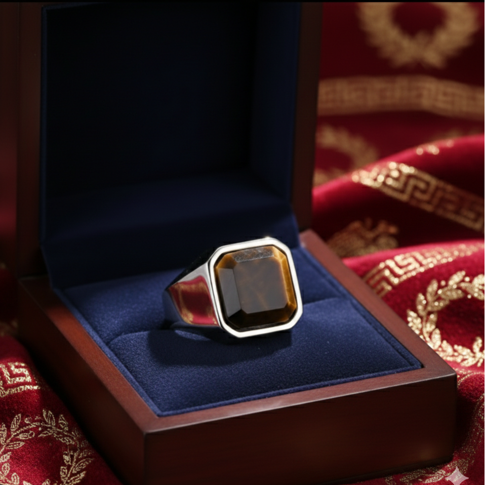 Chevalière "Aetites" en Acier Poli – Pierre d'Œil de Tigre & Héritage Antique