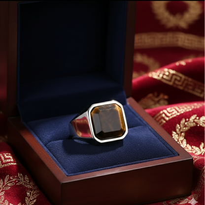 Chevalière "Aetites" en Acier Poli – Pierre d'Œil de Tigre & Héritage Antique