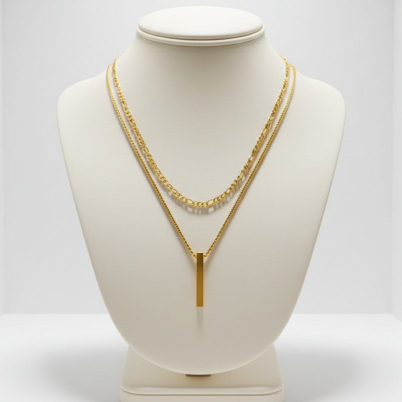 Collier "L'Équilibre" – Double Chaîne & Pendentif Barre Verticale