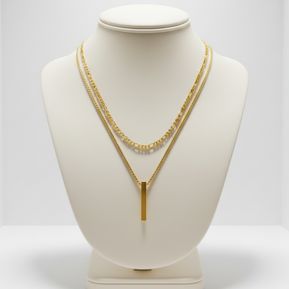 Collier "L'Équilibre" – Double Chaîne & Pendentif Barre Verticale