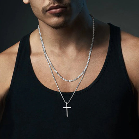 Collier "Crux Aeterna" en Acier Inoxydable – Pendentif Croix & Duo de Chaînes Personnalisables